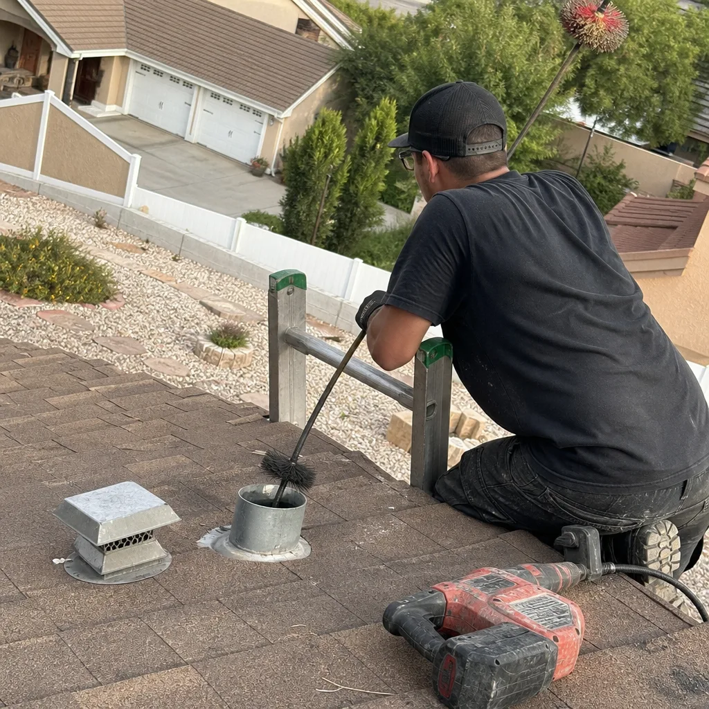 Technician performing professional dryer vent cleaning from the roof