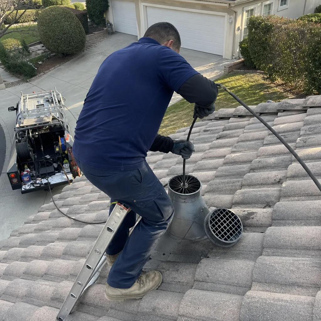 Professional technician performing residential dryer vent cleaning on a tile roof