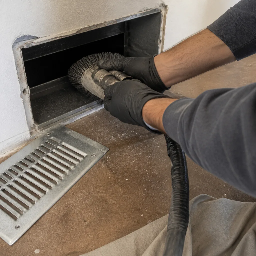 Professional technician performing air duct cleaning and sealing service