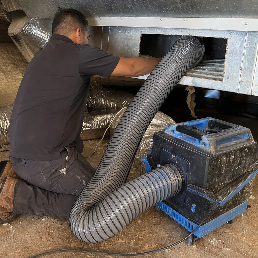 Technician performing professional air duct sealing in an attic